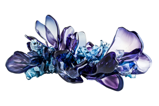 Translucent glass composition in blue and purple tones, cut out transparent