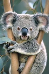 Obraz premium vertical wildlife photography of charming koala resting on eucalyptus branch, bathed in soft natural light with forest surroundings