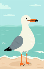 Obraz premium Seabird calm Seagull stands standing on sand near sea water. Seascape with turquoise water and sky with clouds. Vector illustration. Vertical poster background with marine nature and cute bird