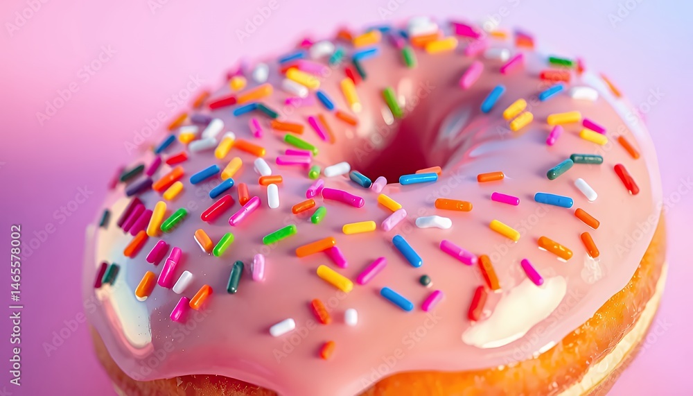 Poster close up glazed donut with colorful sprinkles over soft pink background in studio shot ideal for dec