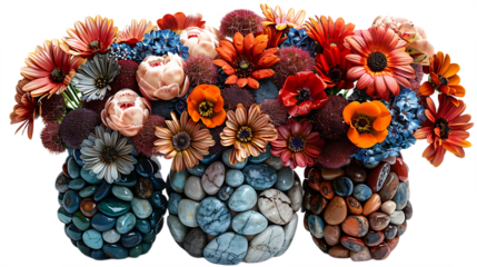 Artistic flower vases with mixed blooms isolated on transparent background
