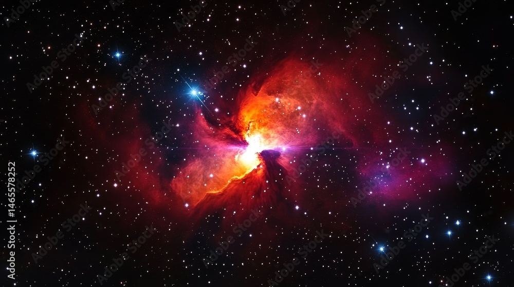 Poster cosmic nebula: celestial firestorm - a vibrant nebula explodes with fiery red and orange hues, contr