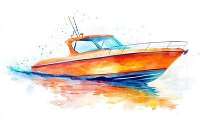 Watercolor illustration of a vibrant orange speedboat cutting through water.  Dynamic motion captured in splashes and waves