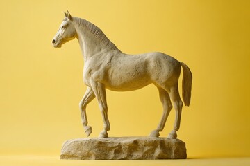 Obraz premium Elegant light beige horse sculpture against a vivid yellow backdrop.