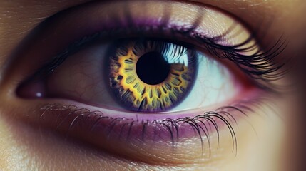 Fototapeta premium Close-up of womans eye with unique sunflower-like iris pattern in retro style