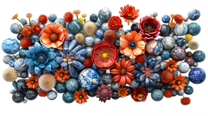 Dreamlike blossoms with artistic stones arrangement isolated on transparent background
