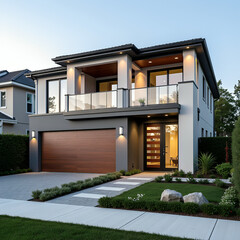 Modern White House with Balcony and Landscaping.Generative Ai