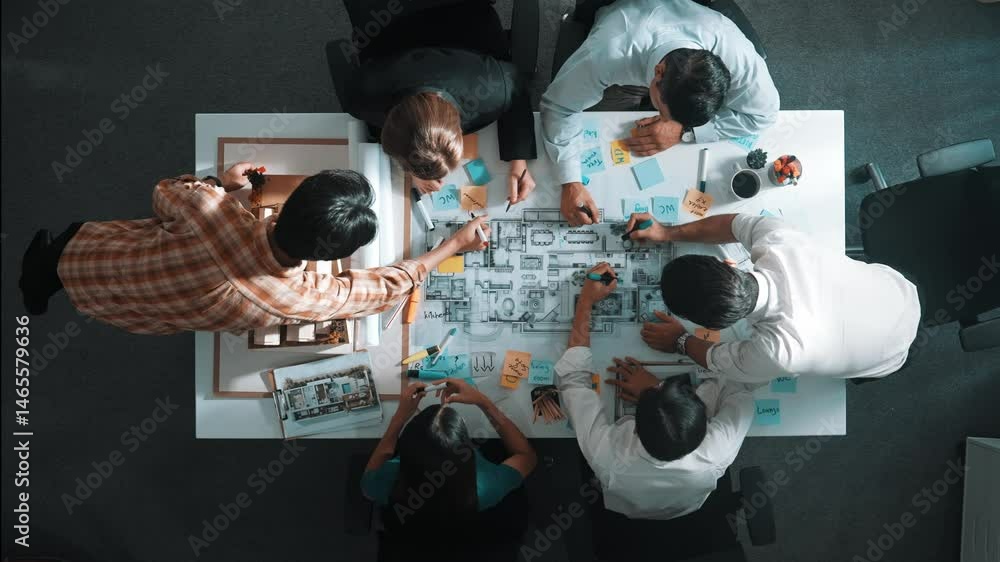 Poster top aerial view of project manager or civil engineer writing at blueprint and planning building desi