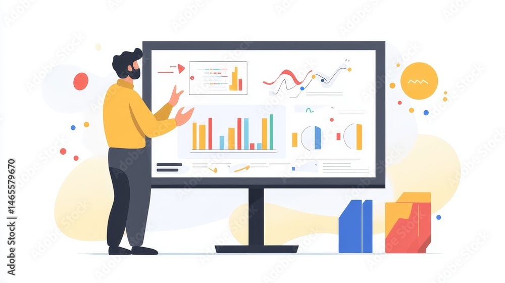 Poster data analysis presentation - a man presents data visualizations on a large monitor, illustrating bus