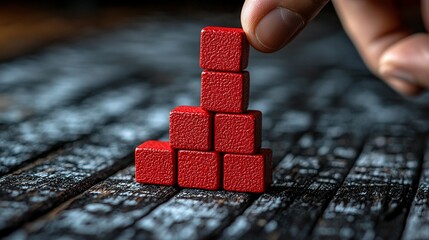 Red blocks stacked high, hand placing one