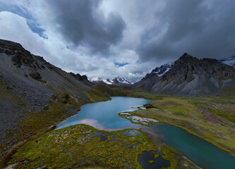 A drone view of the snow-covered peaks of the Ausangate mountains