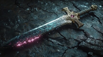 A cursed sword with dark energy emanating from its blade, lying on a cracked stone floor 