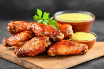Delicious Grilled Chicken Wings and Dipping Sauces - Juicy grilled chicken wings, perfectly seasoned and glazed, served with two flavorful dipping sauces. A satisfying meal, perfect for sharing