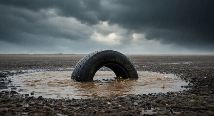 Fototapeta premium Abandoned Tire In Water On Rural Landscape Under Stormy Sky Outdoors