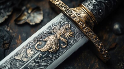 A close-up of an intricately engraved sword hilt featuring mythical creatures 