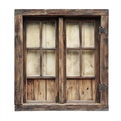 Aged wooden window frame with two panes and lower wood panels on a white background isolated view