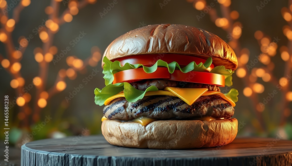Poster double cheeseburger with toasted bun and fresh ingredients on rustic wooden block with warm bokeh li