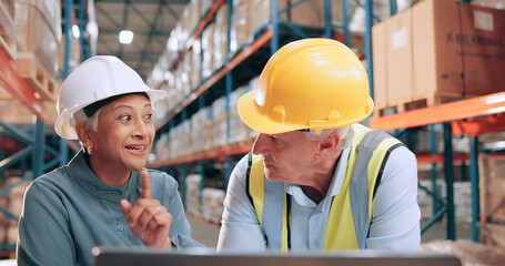 Mature man, woman and computer for shipping, warehouse and excited for stats, distribution or inventory management. People, team and pc with talk, logistics and results at industrial storage plant