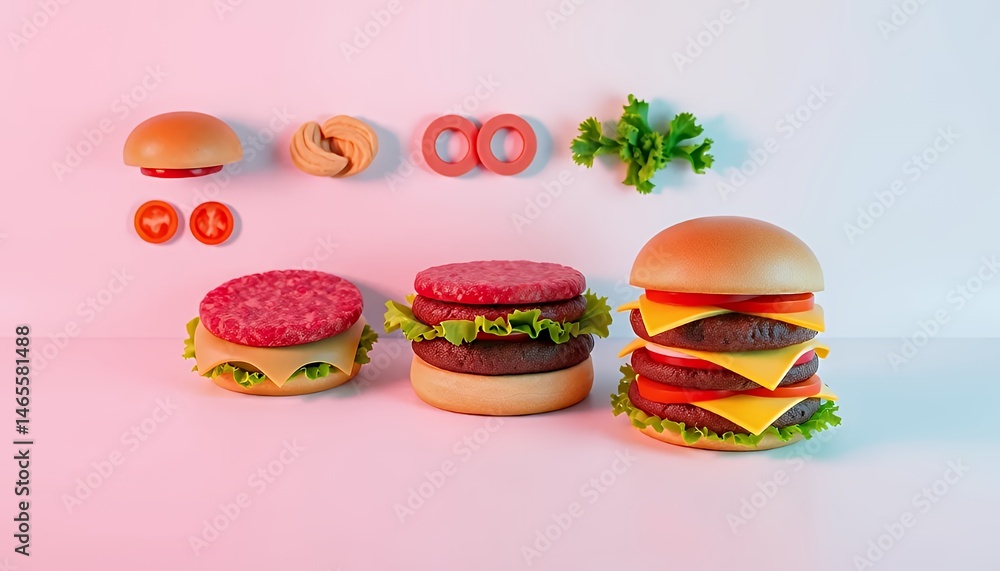 Poster exploded burger concept featuring ingredients and assembled versions on white surface with soft ligh