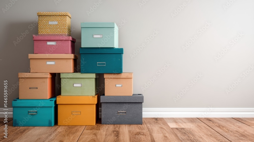 Poster organized stacked storage boxes on wooden floor in a minimalist room generative ai