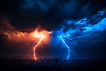 Obraz premium Dual Lightning Strikes Cityscape - Dramatic of two lightning bolts, one orange and one blue, striking a city at night. Powerful, intense, and awe-inspiring