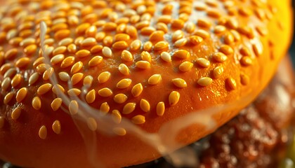 Gleaming Sesame Seed Burger Bun Close-Up Golden Brown Hue and Rich Texture Perfect for Food Advertising and Culinary Content