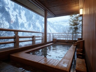 Outdoor onsen with scenic mountain view. Enjoy the spa experience with a warm bath overlooking the snow-covered mountains.