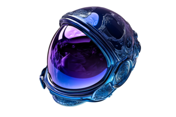 Ornate metallic space helmet with purple visor, cut out transparent
