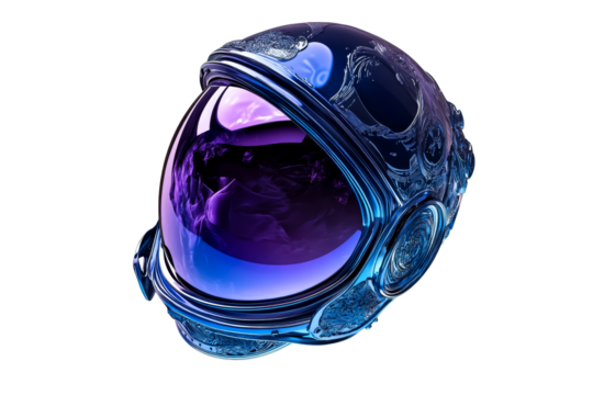 Ornate metallic space helmet with purple visor, cut out transparent