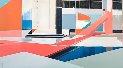 Naklejka premium Abstract Geometric Art Coral Blue White Architecture Design