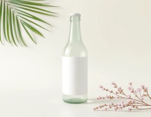 a clear bottle with a white label, set against a tropical backdrop.