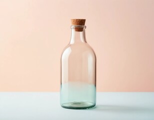 a clear glass bottle with a cork stopper, placed against a pink background