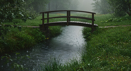 Gentle Rain Falling On A Wooden Bridge Over A Tranquil Creek