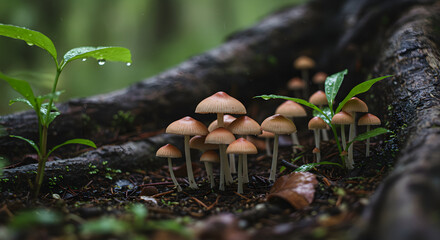Magical Mushroom Cluster And Fresh Green Leaves In Enchanted Forest