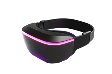 Modern VR headset with glowing elements on dark, cut out transparent