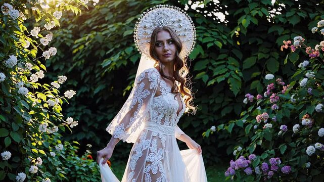 Charming Russian bride in a simple dress with a kokoshnik headdress against a forest background