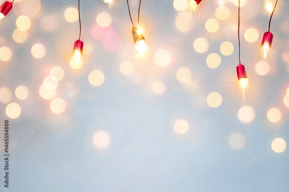 Poster festive string lights background - warm, glowing string lights hanging against a soft blue bokeh bac