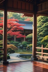 Serene Japanese garden viewed from a wooden veranda with vibrant red maple

