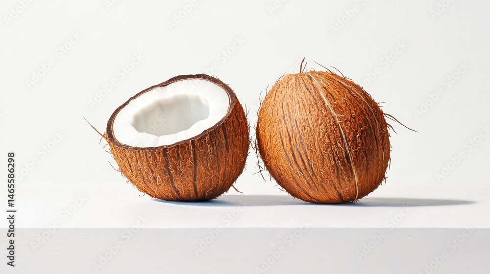 Poster fresh brown coconuts on white background - two coconuts, one whole and one halved, rest on a pristin
