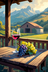 A CHARACTER SCENE OF A RUSTIC TABLE WITH A GLASS OF WINE AND A BUNCH OF GRAPES SHOWING A FARM SCENE IN THE BACKGROUND