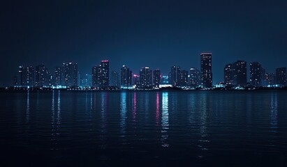 Fototapeta premium Night city skyline reflected on water