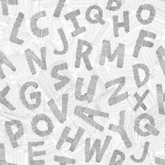 Seamless pattern of hand-drawn capital letters in pencil texture. The letters of the alphabet are randomly scattered across a white background, each shaded with rough pencil strokes