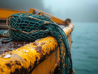 A wornout fishing net draped over a rusty wooden boat edge fibers frayed and tangled droplets of lake water soaking the rough strands Background softly blurred cold air visible in t