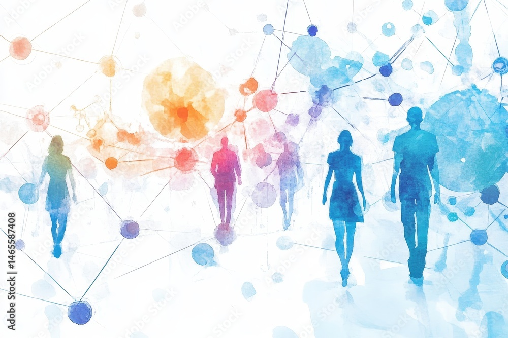 Poster global network connection - watercolor illustration of interconnected people symbolizing global netw