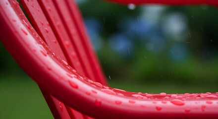 Red Metal Chair Under Rain, Vibrant Color And Refreshing Rainy Weather