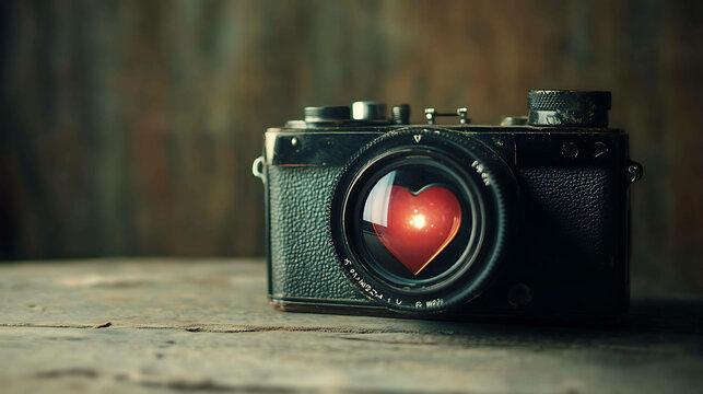 A vintage camera with a heart-shaped lens