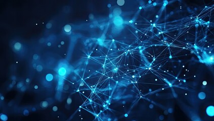 Abstract network of interconnected points and lines.  A complex, dynamic system of data streams and connections.  Intricate patterns of glowing blue particles and lines
