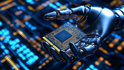 A robotic hand holds an electronic chip in its palm with blue and yellow lighting effects against a background of technological data streams