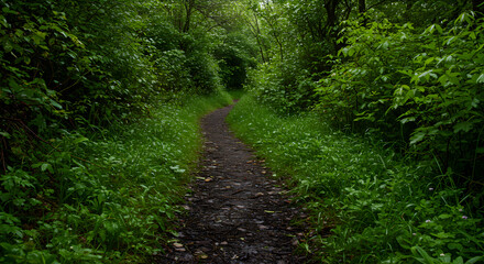 Mystical Pathway Through A Lush Green Forest On A Cloudy Day