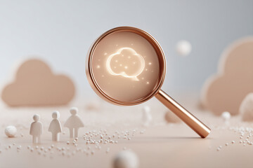 Rose gold magnifier showcasing glowing cloud symbol, small figures nearby, beige background,  representing ideas, communication, or discovery